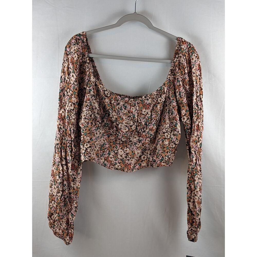 Puff Long Sleeve Milk Maid Top Smocked Wild Fable Brown Floral XXL Square Casual
